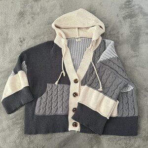 POL Medium Hooded Chunky Oversized Cardigan Sweater Jacket Gray Cream